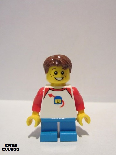 lego 2019 mini figurine idea051 Boy Freckles, Classic Space Shirt with Red Sleeves, Dark Azure Short Legs, Reddish Brown Hair Short Tousled with Side Part 