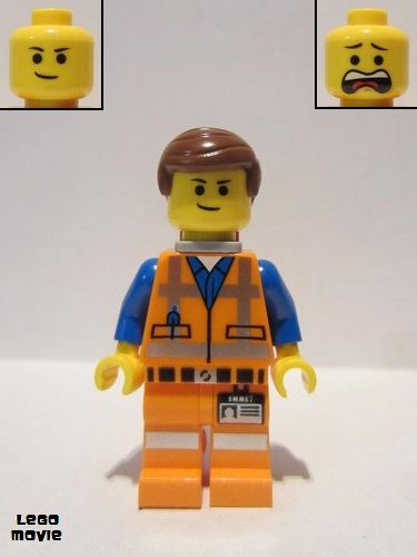 lego 2014 mini figurine tlm078 Emmet Lopsided Closed Mouth Smile, with Piece of Resistance and Plate on Leg 
