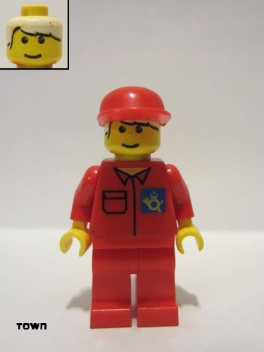 lego 1998 mini figurine post003 Post Office Blue Background Logo, Red Legs, Red Cap 
