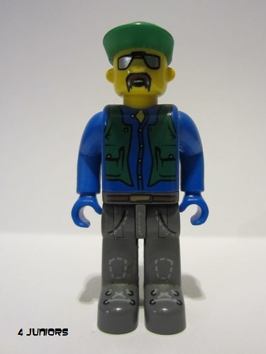 lego 2004 mini figurine 4j003 Construction Worker With Blue Shirt, Green Vest and Cap, Sunglasses and Moustache 