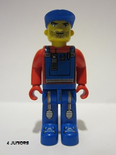 lego 2004 mini figurine 4j006 Tractor Driver With Blue Overalls, Red Shirt, Plain Blue Cap, Beard Stubble 