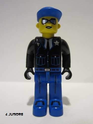 lego 2004 mini figurine 4j008 Police Blue Legs, Black Jacket, Blue Cap, Sunglasses 