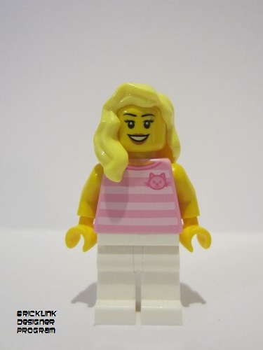 lego 2019 mini figurine adp018 Skyline Express Woman Bright Pink Striped Top with Cat Head, White Legs, Bright Light Yellow Hair 