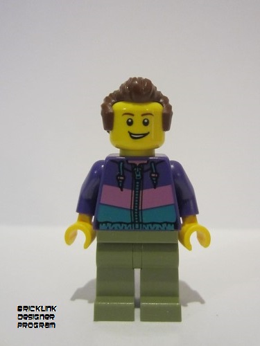 lego 2019 mini figurine adp020 Skyline Express Man Dark Purple Jacket, Olive Green Legs, Reddish Brown Hair 