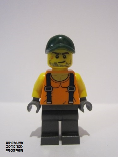 lego 2019 mini figurine adp021 Skyline Express Man Orange Shirt with Suspenders, Pearl Dark Gray Legs, Dark Green Cap 