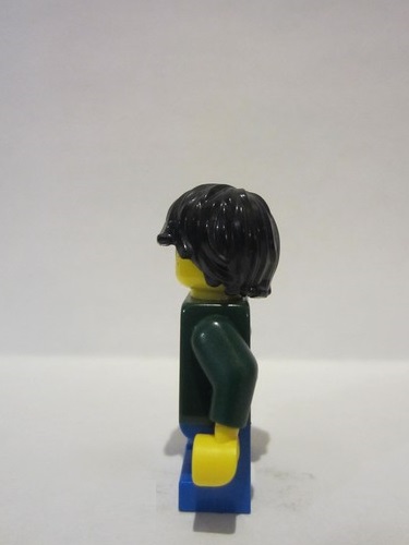 lego 2022 mini figurine adp034 Boy Dark Green Hoodie with Bright Green Drawstrings, Blue Short Legs, Black Tousled Hair 