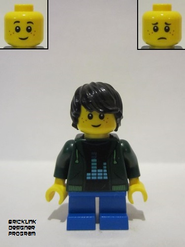 lego 2022 mini figurine adp034 Boy Dark Green Hoodie with Bright Green Drawstrings, Blue Short Legs, Black Tousled Hair 