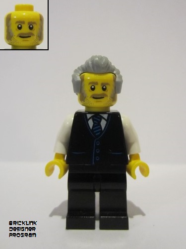 lego 2022 mini figurine adp040 Receptionist Male, Black Vest with Blue Striped Tie, Black Legs, Light Bluish Gray Hair 