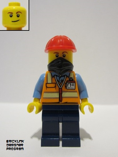 lego 2023 mini figurine adp059 Construction Worker Male, Orange Safety Vest with Reflective Stripes, Dark Blue Legs, Red Construction Helmet, Black Bandana 