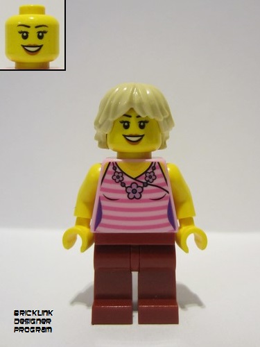 lego 2023 mini figurine adp071 Girlfriend Dark Pink Striped Top, Dark Red Legs, Tan Tousled Hair 