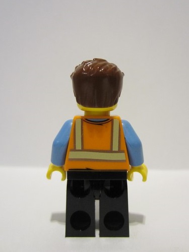 lego 2023 mini figurine adp082 Train Driver Male, Orange Safety Vest with Reflective Stripes, Black Legs, Reddish Brown Hair 