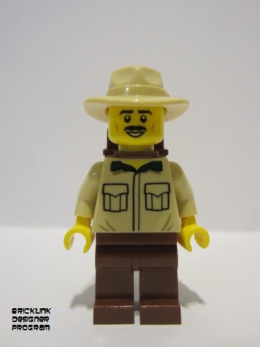 lego 2023 mini figurine adp084 Traveler Male, Tan Shirt, Reddish Brown Legs, Reddish Brown Backpack, Tan Fedora Hat 