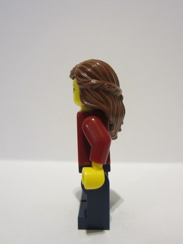 lego 2023 mini figurine adp088 Traveler Female, Dark Red Jacket with Bright Light Blue Shirt, Dark Blue Legs, Reddish Brown Hair 