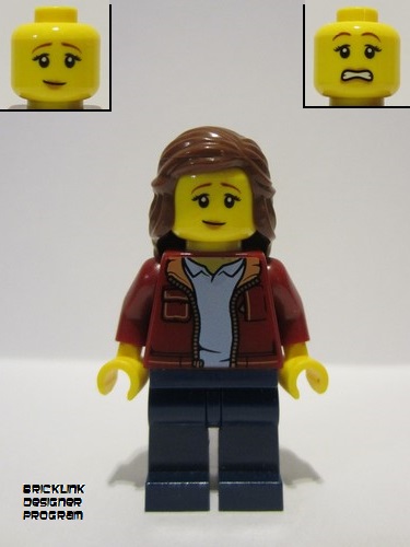 lego 2023 mini figurine adp088 Traveler Female, Dark Red Jacket with Bright Light Blue Shirt, Dark Blue Legs, Reddish Brown Hair 