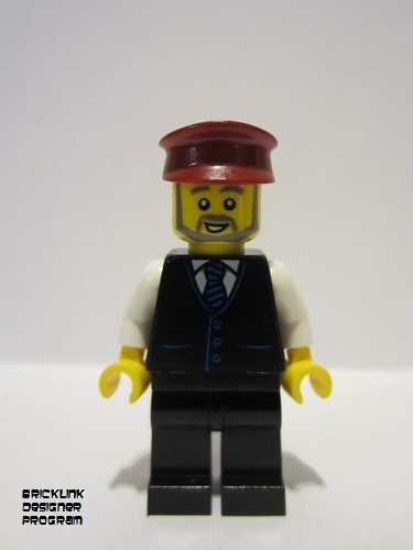 lego 2023 mini figurine adp090 Station Master Black Vest with Blue Striped Tie, Black Legs, Dark Red Hat, Beard 