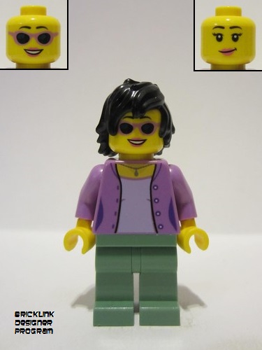 lego 2023 mini figurine adp094 1950s Diner Patron Female, Medium Lavender Jacket, Sand Green Legs, Black Hair 