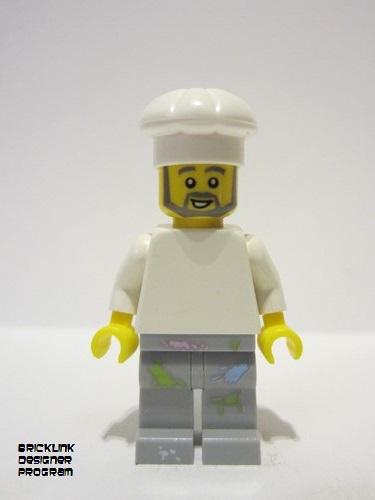 lego 2023 mini figurine adp095 1950s Diner Chef Plain White Torso, Light Bluish Gray Legs with Paint Splotches, White Chef Toque 