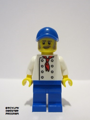 lego 2023 mini figurine bdp089 Hot Dog Stand Manager White Torso with 8 Buttons, No Wrinkles Front or Back, Blue Legs, Blue Cap 