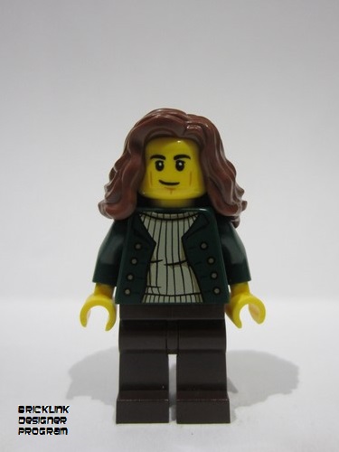 lego 2024 mini figurine adp116 General Store Customer Female, Dark Green Open Jacket, Dark Brown Legs, Reddish Brown Hair 