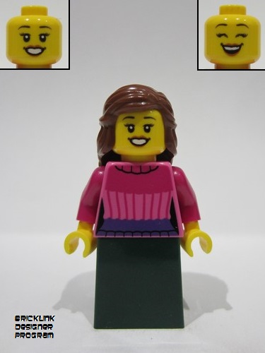 lego 2024 mini figurine adp118 General Store Customer Female, Dark Pink Sweater, Dark Green Skirt, Reddish Brown Hair 