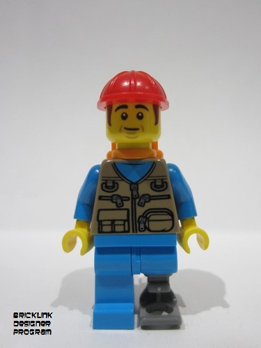 lego 2024 mini figurine adp122 Train Worker Dark Tan Vest, Dark Azure Legs, Prosthetic Left Leg, Orange Air Tanks, Construction Helmet 
