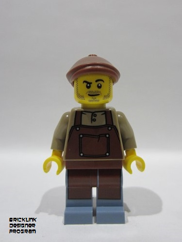 lego 2025 mini figurine adp204 Merchant Boat Mechanic Male, Dark Tan Shirt with Reddish Brown Apron, Sand Blue Legs, Reddish Brown Flat Cap, Stubble 