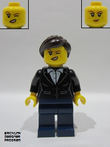 lego 2025 mini figurine bdp193 Wild West Train Bandit Female, Black Jacket over White Shirt, Dark Blue Legs, Dark Brown Ponytail 