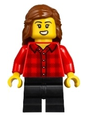 lego 2025 mini figurine bdp229 Vampire Castle Visitor Female, Red Plaid Flannel Shirt, Black Medium Legs, Reddish Brown Hair 