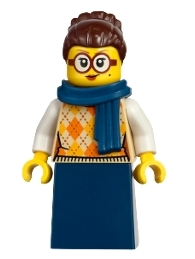 lego 2025 mini figurine bdp232 Vampire Castle Visitor Female, Tan Knit Argyle Sweater Vest, Dark Blue Skirt, Dark Brown Hair, Dark Blue Scarf 