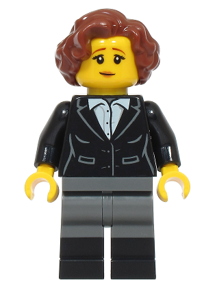 lego 2025 mini figurine bdp234 Vampire Castle Visitor Female, Black Suit Jacket with White Button Up Shirt, Dark Bluish Gray Legs with Black Boots, Reddish Brown Hair 