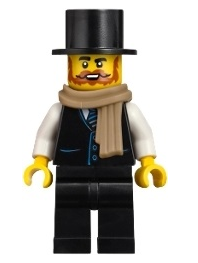 lego 2025 mini figurine bdp238 Vampire Castle Visitor Male, Black Vest with Blue Striped Tie, Black Legs, Black Top Hat, Dark Tan Scarf 