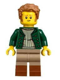 lego 2025 mini figurine bdp239 Vampire Castle Visitor Male, Dark Green Open Jacket, Dark Tan Legs with Reddish Brown Boots, Medium Nougat Hair 