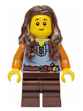 lego 2025 mini figurine bdp245 Mushroom Village Female, Sand Blue Vest, Dark Brown Medium Legs, Dark Brown Long Wavy Hair 