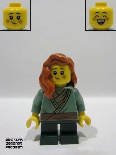 lego 2025 mini figurine bdp250 Mushroom Village Female, Sand Green Tunic, Dark Green Short Legs, Dark Orange Hair 