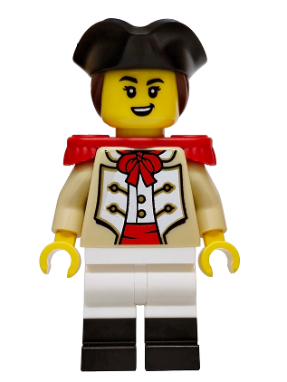 lego 2026 mini figurine bdp319 Privateer Frigate Fortuna Marine Female, Tan Coat, White Legs with Black Boots, Red Epaulettes, Black Tricorne, Reddish Brown Hair, Open Mouth Crooked Smile 