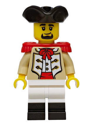 lego 2026 mini figurine bdp321 Privateer Frigate Fortuna Marine Male, Tan Coat, White Legs with Black Boots, Red Epaulettes, Black Tricorne Hat, Black Goatee 