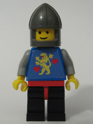 lego 1980 mini figurine twn042 Castle Guard Lion with Hearts, Black Legs , Dark Gray Chin-Guard (Stickered Torso) 