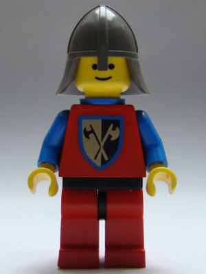lego 1985 mini figurine cas111a Crusader Axe Red Legs with Black Hips, Dark Gray Neck-Protector, Blue Plastic Cape 