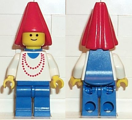 lego 1986 mini figurine cas095 Maiden With Necklace - Blue Legs, Cape, Red Cone Hat, Blue Plastic Cape 