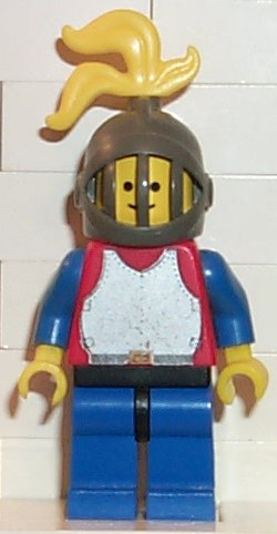 lego 1988 mini figurine cas191 Breastplate Red with Blue Arms, Blue Legs with Black Hips, Dark Gray Grille Helmet, Yellow Plume 