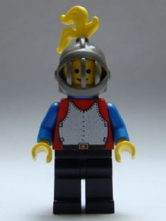 lego 1988 mini figurine cas195 Breastplate Red with Blue Arms, Black Legs, Dark Gray Grille Helmet, Yellow Plume, Blue Plastic Cape 