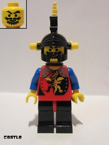 lego 1993 mini figurine cas018a Knight 2 Black Legs with Red Hips, Black Dragon Helmet, Yellow Plumes, Black Plastic Cape 