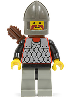 lego 1993 mini figurine cas235 Scale Mail Red with Black Arms, Light Gray Legs with Black Hips, Dark Gray Chin-Guard, Quiver 