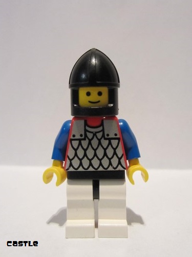 lego 1995 mini figurine cas145 Scale Mail Red with Blue Arms, White Legs with Black Hips, Black Chin-Guard 