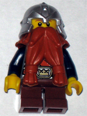 lego 2008 mini figurine cas392 Dwarf Dark Orange Beard, Metallic Silver Helmet with Studded Bands, Dark Blue Arms, Brown Eyebrows, Thin Grin 