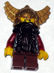 lego 2008 mini figurine cas394 Dwarf Dark Brown Beard, Metallic Gold Helmet with Wings, Dark Red Arms, Vertical Cheek Lines 