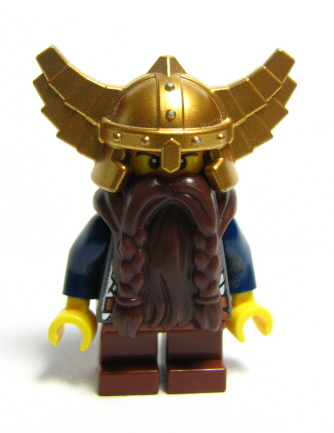 lego 2008 mini figurine cas405 Dwarf Dark Brown Beard, Metallic Gold Helmet with Wings, Dark Blue Arms 