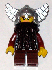 lego 2009 mini figurine cas429 Dwarf Dark Brown Beard, Metallic Silver Helmet with Wings, Dark Red Arms 