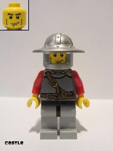 lego 2010 mini figurine cas447 Lion Knight Scale Mail With Chest Strap and Belt, Helmet with Broad Brim, Vertical Cheek Lines 