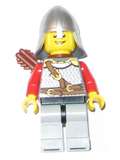 lego 2010 mini figurine cas448 Lion Knight Scale Mail With Chest Strap and Belt, Helmet with Neck Protector, Quiver, Open Grin 